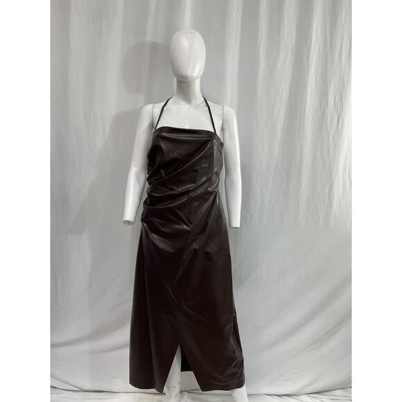 A.L.C. 'Charlotte' Brown Faux-Leather Halter Sleeveless Midi Dress Size 10 - Picture 2 of 5